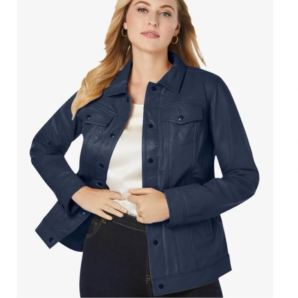 Jessica London Leather Trucker Jacket Size 16W - Navy Blue - Brand new!